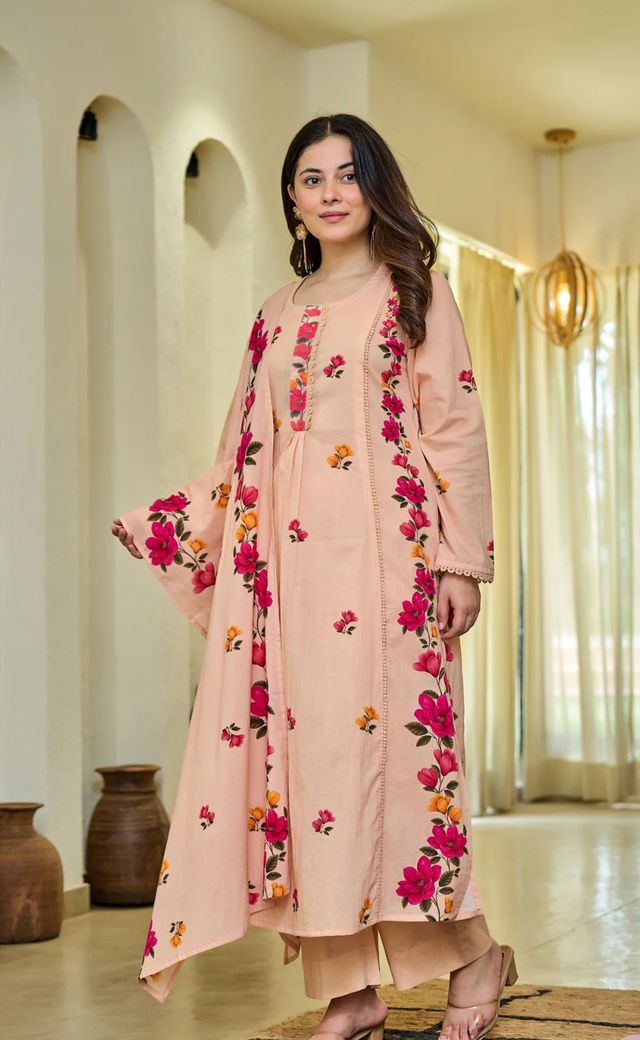 Peach Color Cotton Fabric Beautiful Festive Wear Salwar Kameez