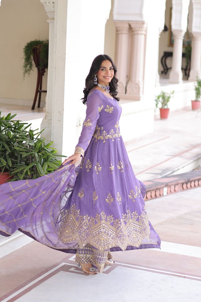 Lavender Color Silver Crunchy Fabric Sequins Embroidered Wedding Ceremonial Sharara Suit