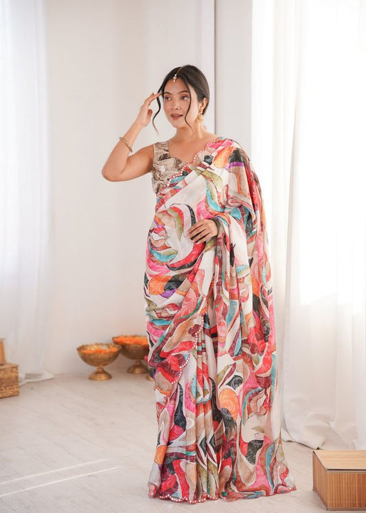 Multy Color Chinon Fabric Digital Print Smart Ethnic Saree