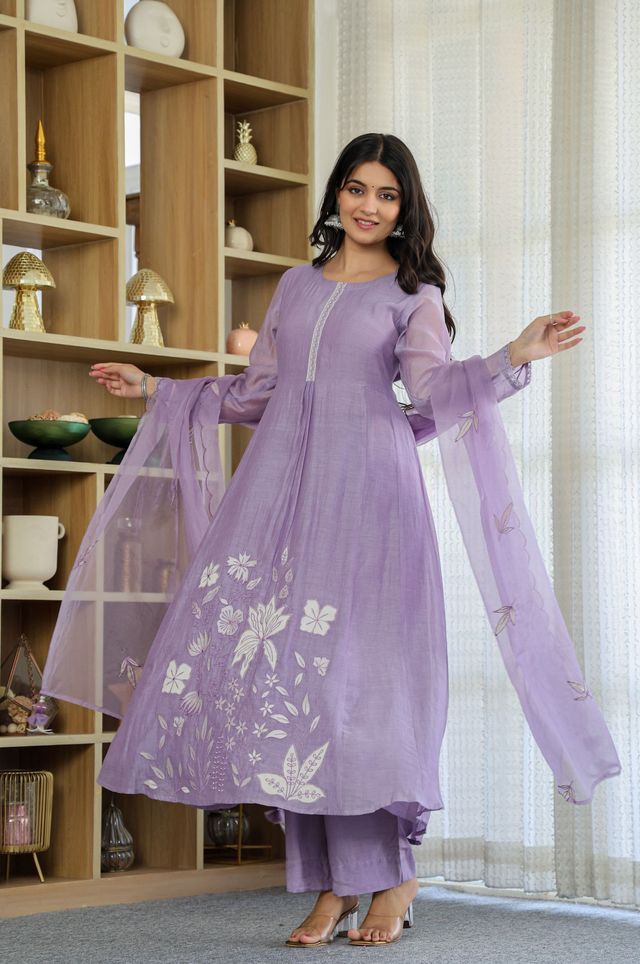 Lavender Color Chanderi Silk Fabric Designer Ethnic Readymade Kurta Set