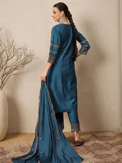 Rama Color Roman Silk Fabric Beautiful Festive Wear Salwar Kameez