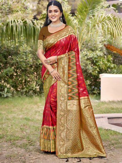 Red Color Pochampalli Silk Fabric Woven designer Ethnic Partywear Saree
