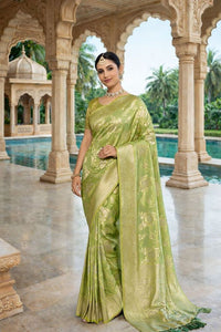 Olive Color Ethnic Crepe Silk Fabric Woven Jacquard Designer Ceremonial Saree