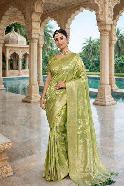 Olive Color Ethnic Crepe Silk Fabric Woven Jacquard Designer Ceremonial Saree