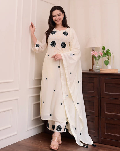 Beautiful Viscose Fabric Thread work Straight Kurta with Pant And Dupatta Set