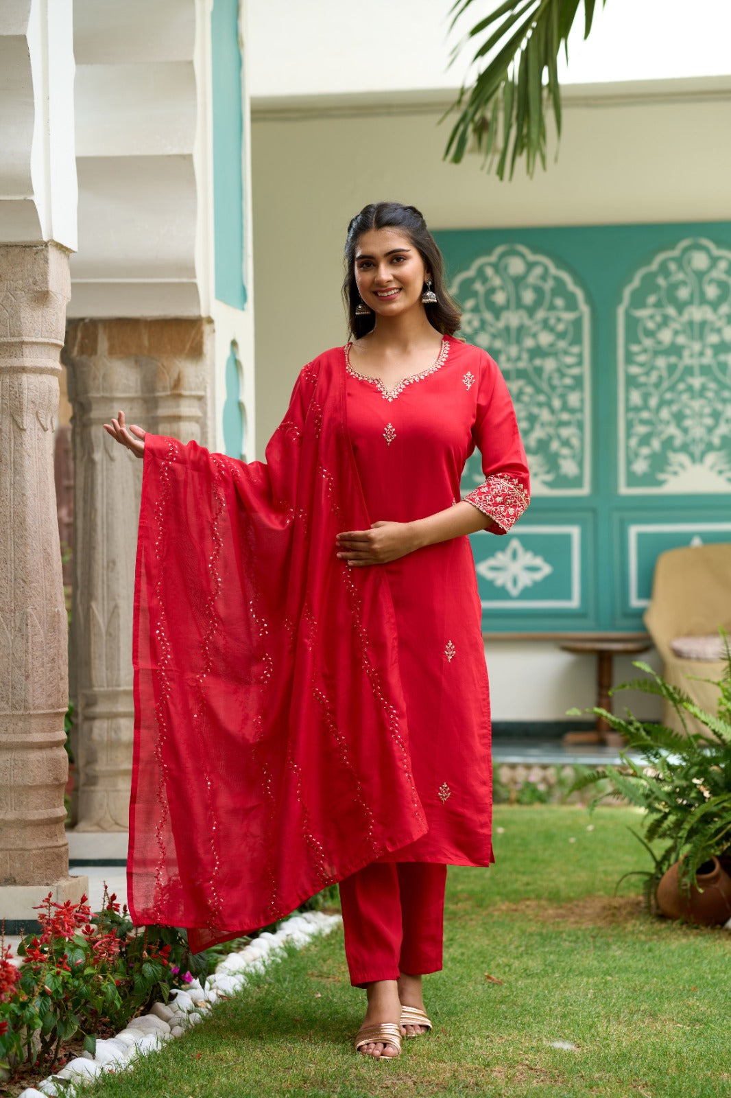 Gajari Red Embroidered Chanderi Fabric Straight Kurta, Pant and Dupatta Set