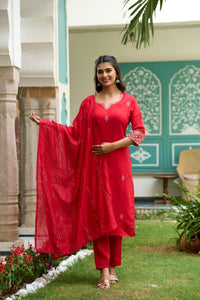 Gajari Red Embroidered Chanderi Fabric Straight Kurta, Pant and Dupatta Set
