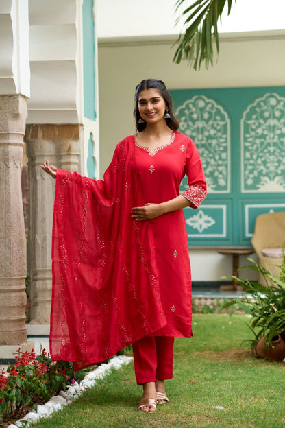 Gajari Red Embroidered Chanderi Fabric Straight Kurta, Pant and Dupatta Set