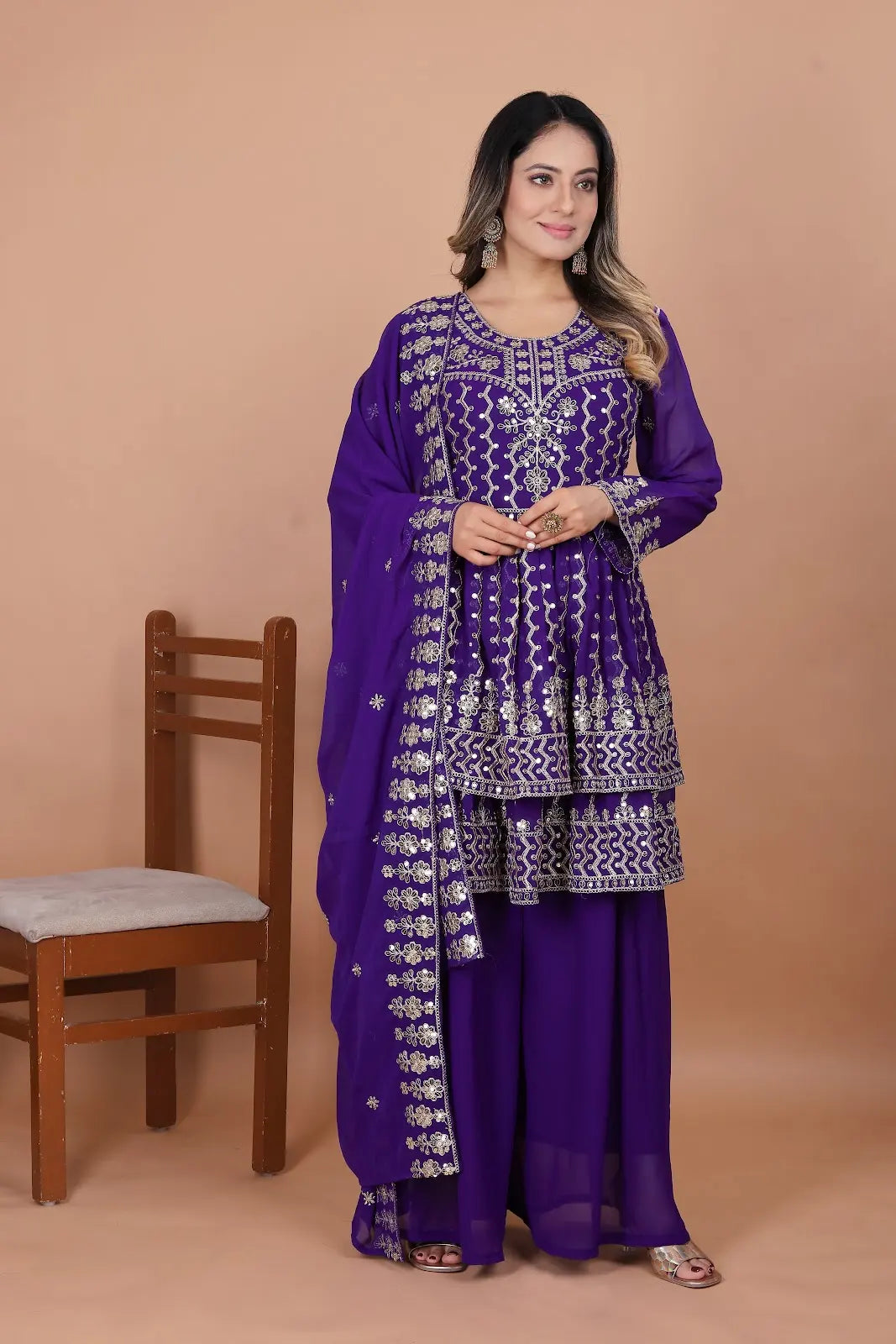 Women's Beautiful Embroidery Fox Georgette Fabric Straight Kurta Sharara and Dupatta Set