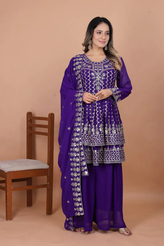 Women's Beautiful Embroidery Fox Georgette Fabric Straight Kurta Sharara and Dupatta Set