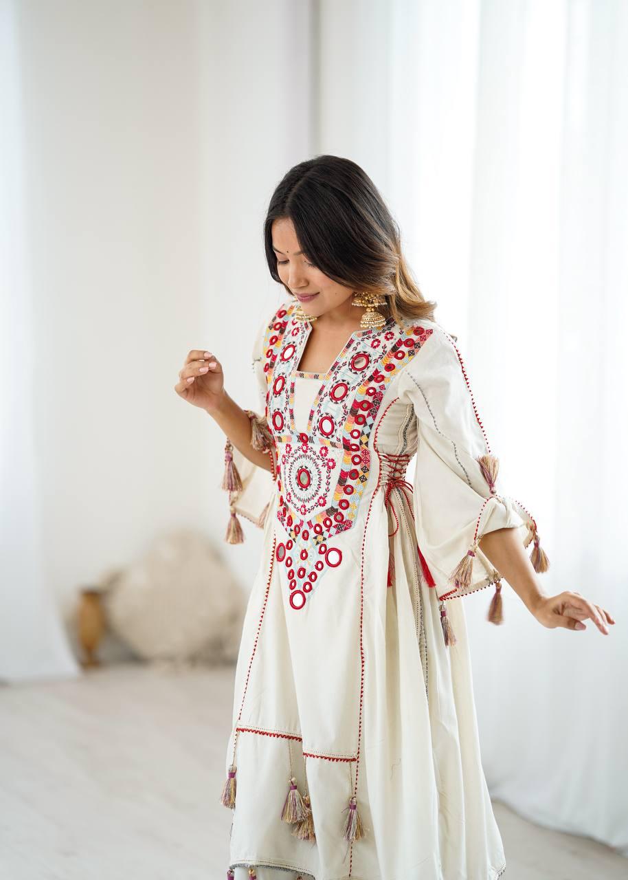 Women Beautiful Thread Work Pure Khadi Cottan Fabric with Flared Kurta, Palazzo Set