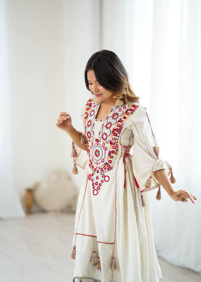 Women Beautiful Thread Work Pure Khadi Cottan Fabric with Flared Kurta, Palazzo Set