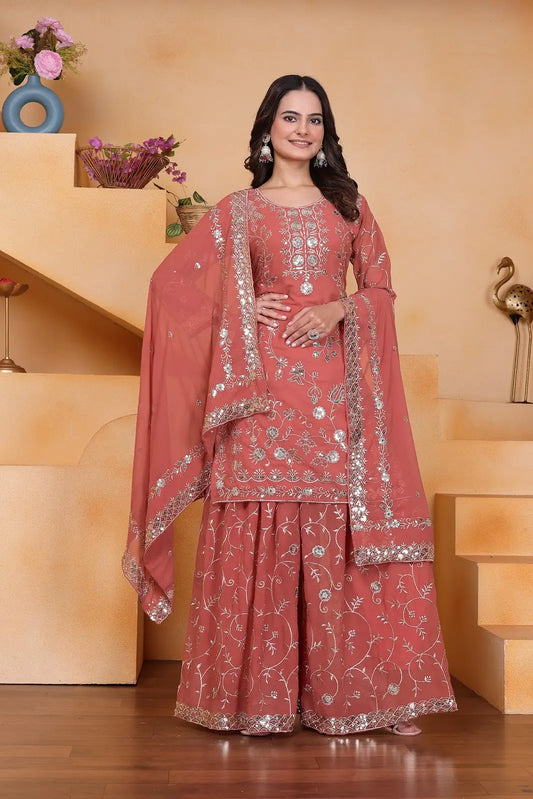 Women's Gorgeous Embroidery Work Fox Georgette Fabric Straight Kurta Sharara and Dupatta Set
