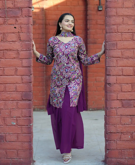 Women's Beautiful Thread Work Tapeta Silk Fabric Straight Kurta Sharara and Dupatta Set