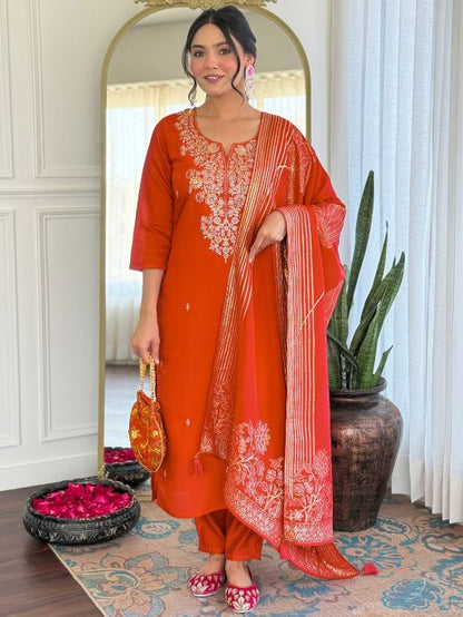 Women Gorgeous Roman Silk Fabric Straight Kurta, Pant and Dupatta Set M