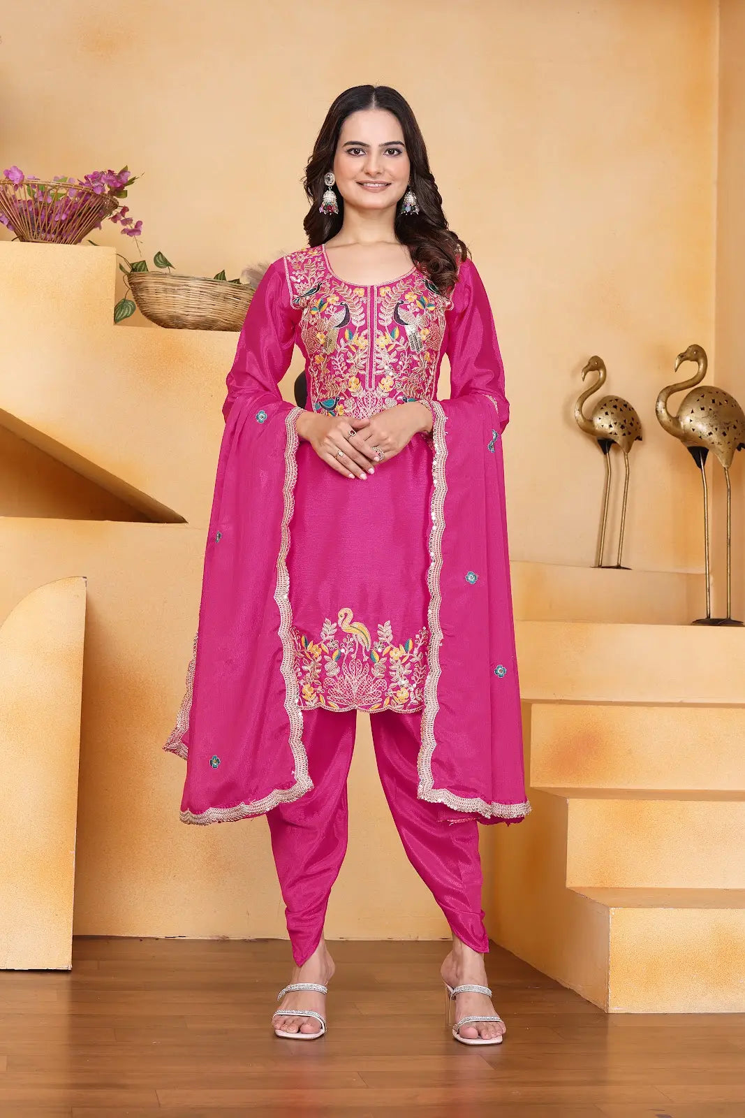 Women's Gorgeous Embroidery Work Chinon Fabric Straight Kurta Dhoti and Dupatta Set