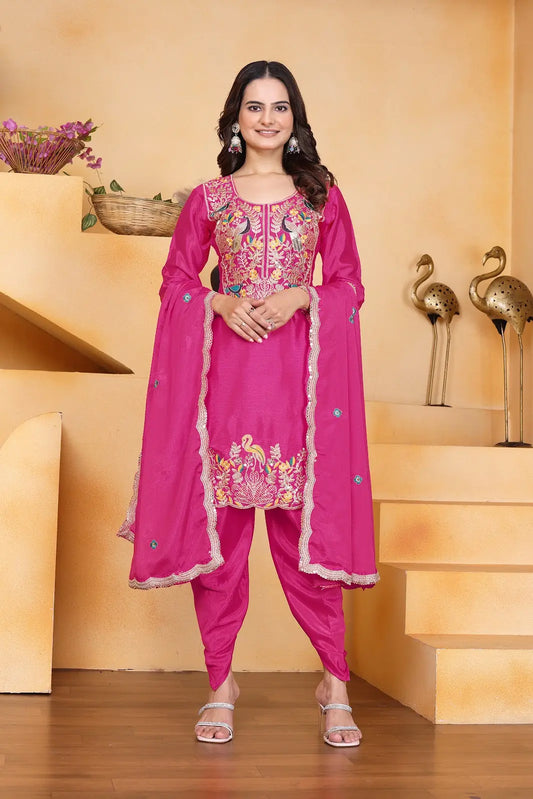 Women's Gorgeous Embroidery Work Chinon Fabric Straight Kurta Dhoti and Dupatta Set