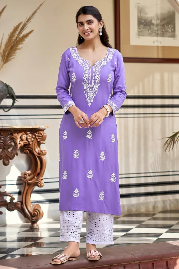 Women's Gorgeous Chikankari work Pure Rayon Fabric Straight Kurta, Pant Set