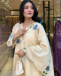White Women's Cotton Fabric Straight Kurta, Pant and Dupatta Set