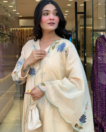 White Women's Cotton Fabric Straight Kurta, Pant and Dupatta Set