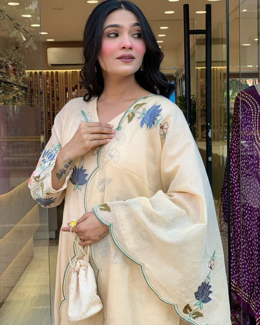 White Women's Cotton Fabric Straight Kurta, Pant and Dupatta Set