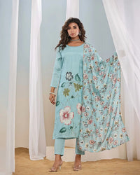 Women's Beautiful Franch Crab Fabric Printed Work Straight Kurta Pant and Dupatta Set