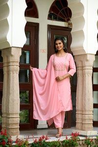 Rayon Slub Fabric Embroidered work Straight cut Kurta, Pant and Dupatta Set