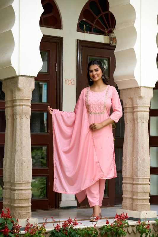 Rayon Slub Fabric Embroidered work Straight cut Kurta, Pant and Dupatta Set