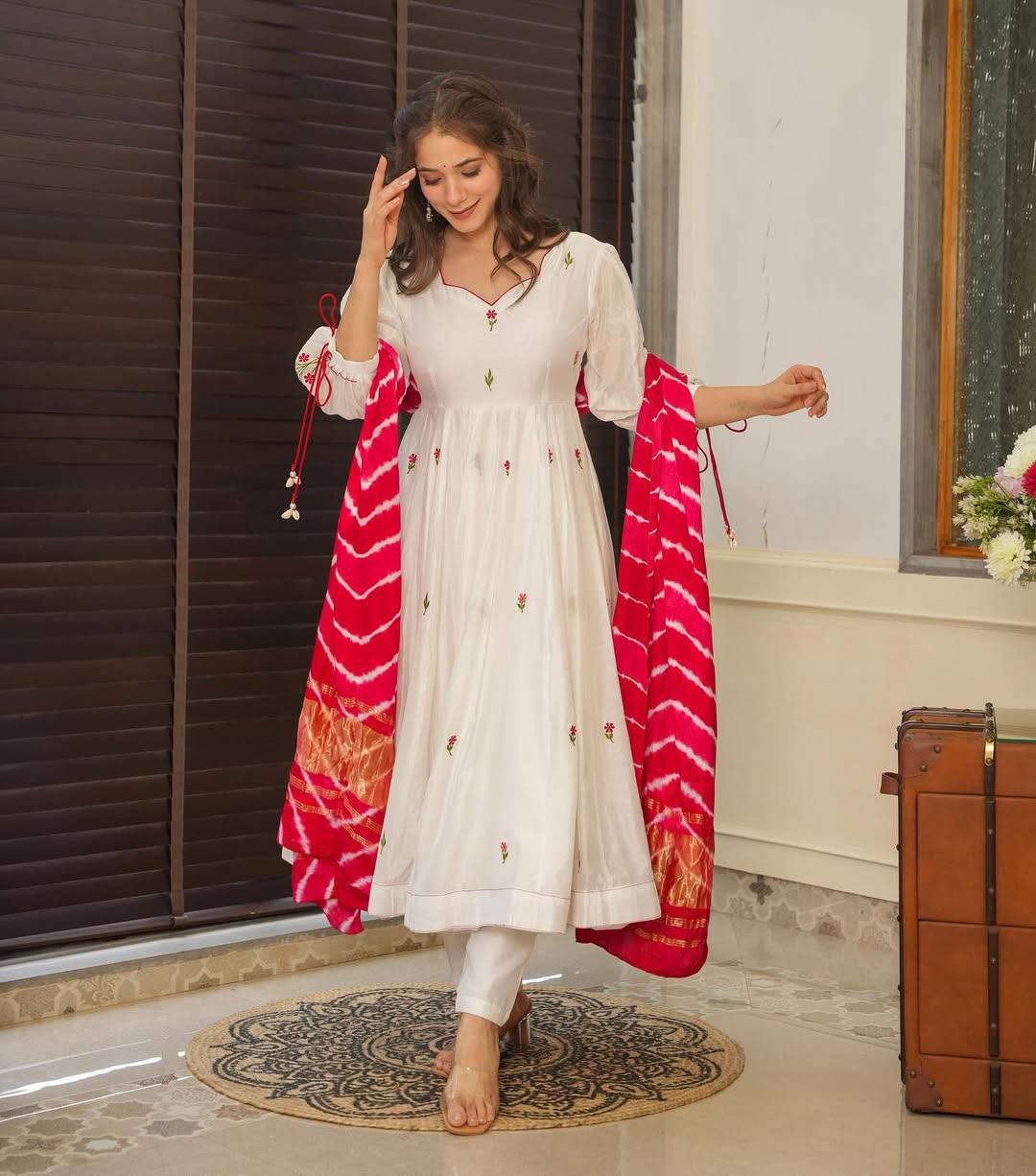 Women's Beautiful Chanderi Fabric Thread work Flared Anarkali with Pant And Dupatta Set
