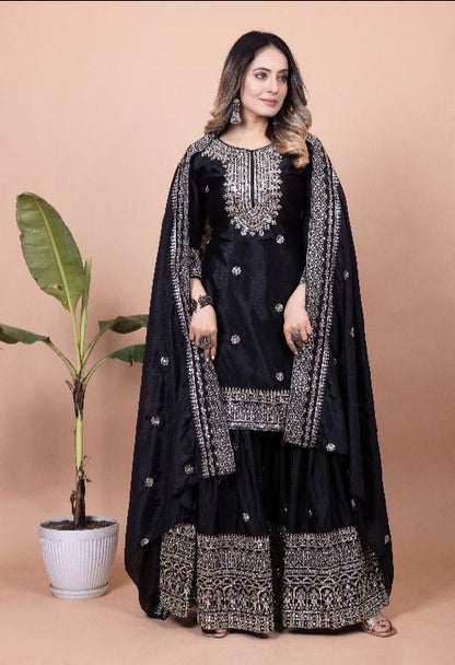Beautiful Women's Chinon fabric Embroidery work Kurta with Sharara and Dupatta set