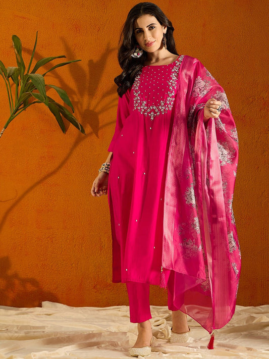 Printed Viscose Rayon Fabric Straight Kurta, Pant and Dupatta Set