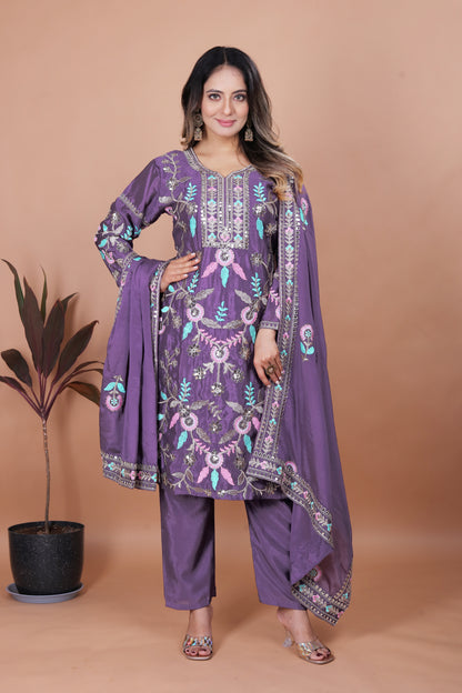 Women's Beautiful Embroidery Chinon Fabric Straight Kurta Pant and Dupatta Set