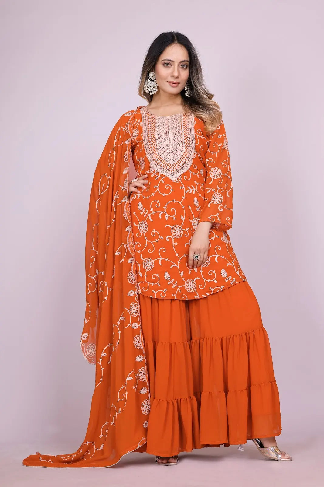 Women's Fox Georgette fabric Embroidery work Kurta with Sharara and Dupatta set 71 Orange