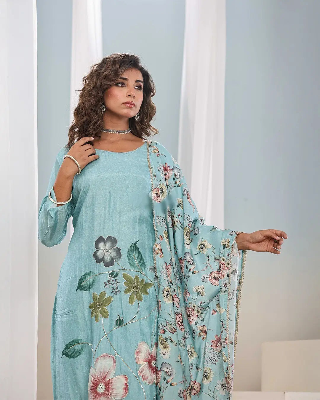 Women's Beautiful Franch Crab Fabric Printed Work Straight Kurta Pant and Dupatta Set