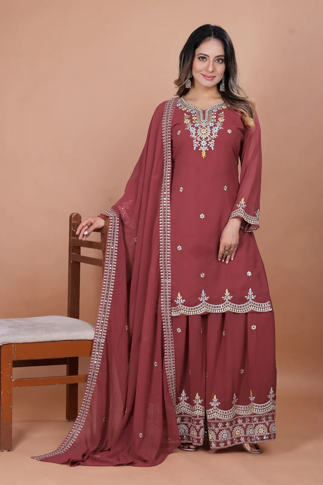 Women's Beautiful Embroidery Fox Georgette Fabric Straight Kurta Sharara and Dupatta Set