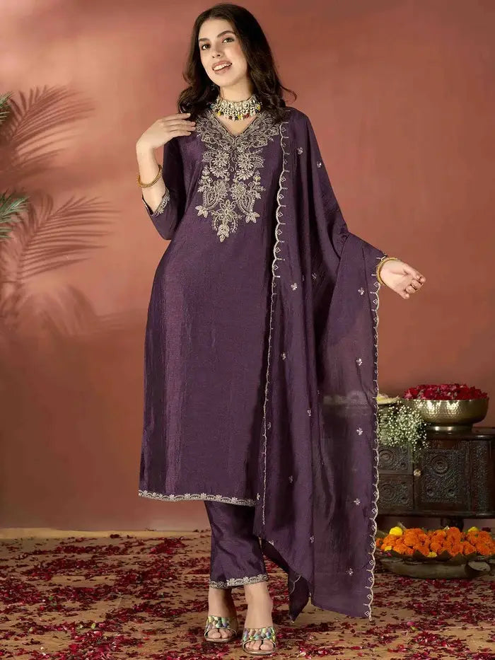 Women's Gorgeous Vichitra Fabric Embroidery Work Straight Kurta Pant and Dupatta Set  Wine
