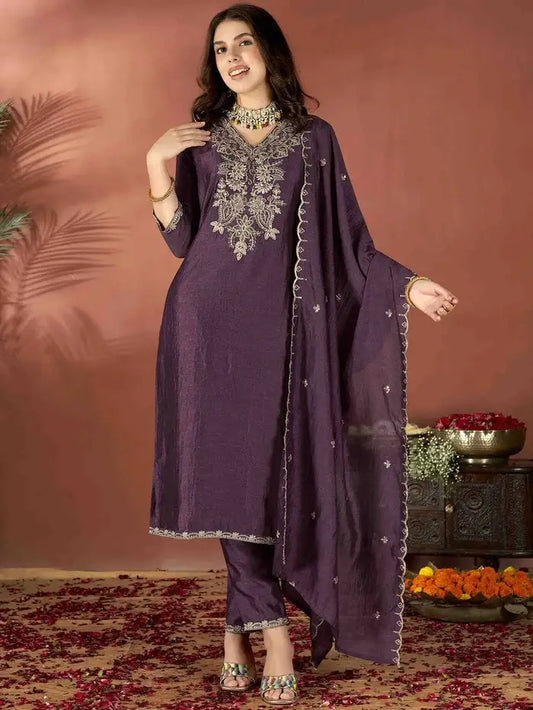 Women's Gorgeous Vichitra Fabric Embroidery Work Straight Kurta Pant and Dupatta Set  Wine