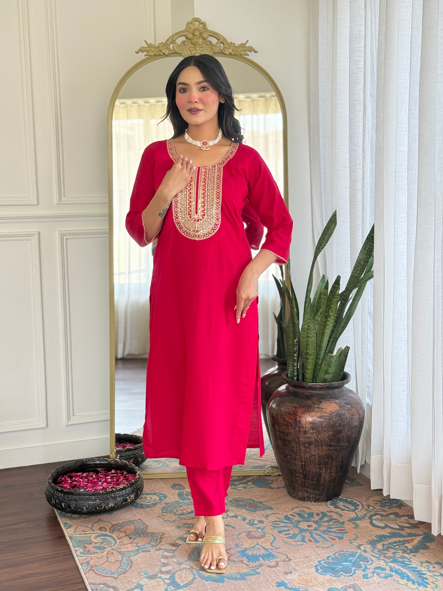 Gorgeous Embroidery Chanderi Silk Fabric Straight Kurta Pant with Dupatta Set