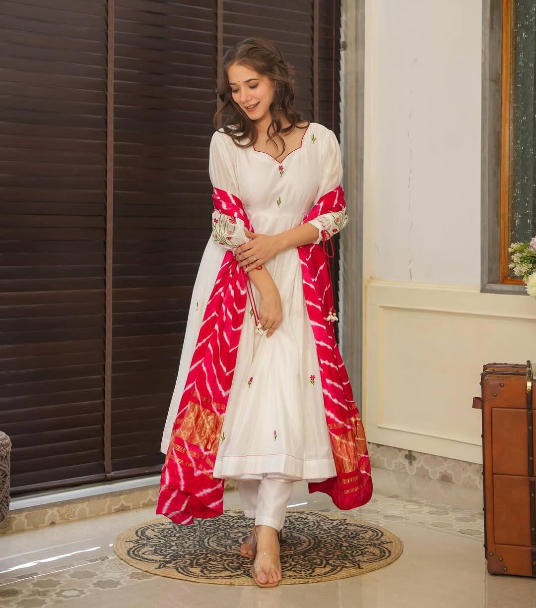 Women's Beautiful Chanderi Fabric Thread work Flared Anarkali with Pant And Dupatta Set