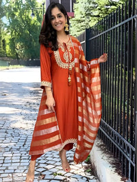 Women's Gorgeous Embroidery work Chanderi Fabric Straight Kurta, Pant and Dupatta Set