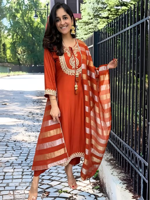 Women's Gorgeous Embroidery work Chanderi Fabric Straight Kurta, Pant and Dupatta Set