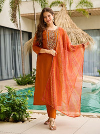 Women's Gorgeous Embroidery work Rayon Fabric Straight Kurta, Pant and Dupatta Set