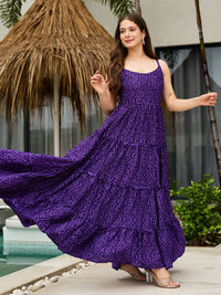 Women Gorgeous Ikat Printed and Silk Blend Fabric with Flared Gown Dress