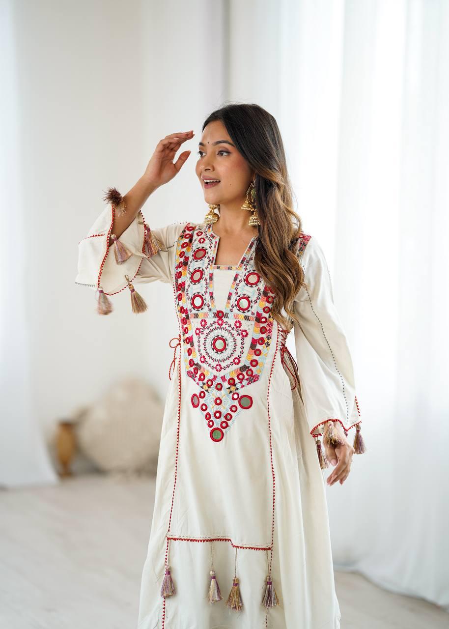 Women Beautiful Thread Work Pure Khadi Cottan Fabric with Flared Kurta, Palazzo Set