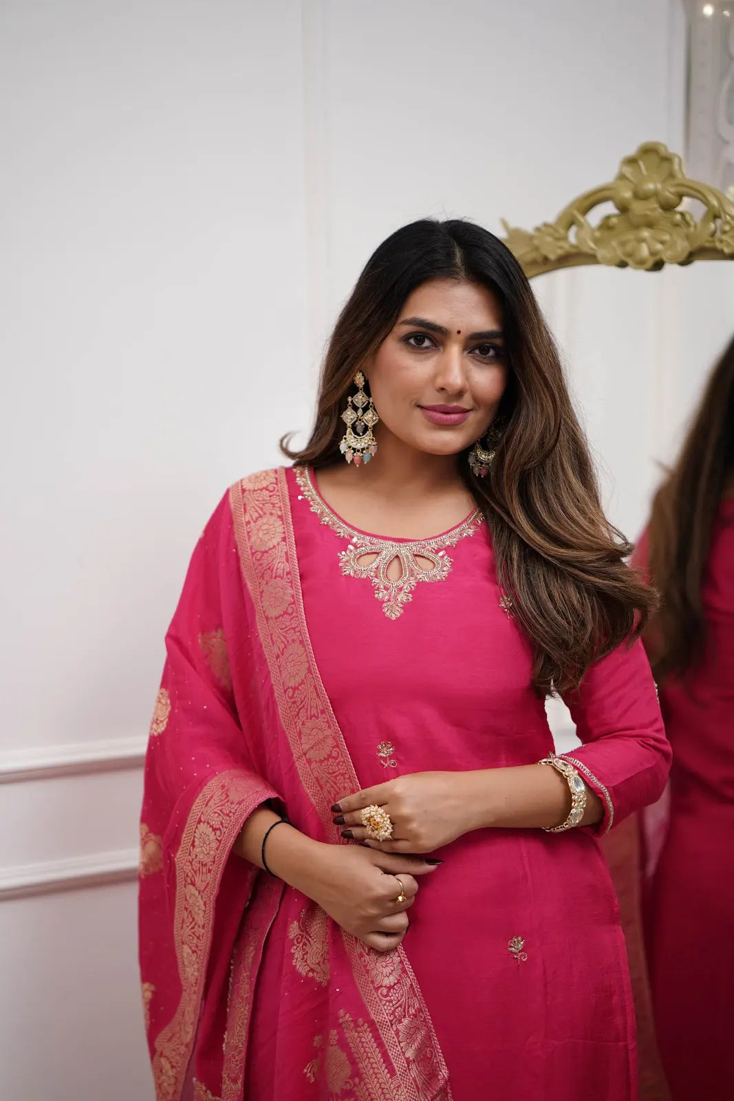 Women's Gorgeous Embroidery Viscose Chanderi Fabric Straight Kurta Pant with Dupatta Set Gaajri