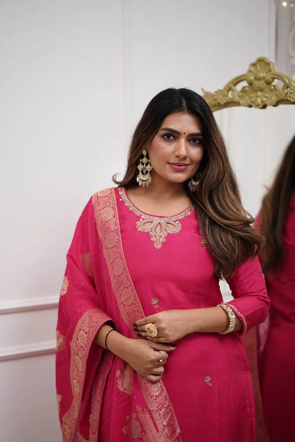 Women's Gorgeous Embroidery Viscose Chanderi Fabric Straight Kurta Pant with Dupatta Set Gaajri