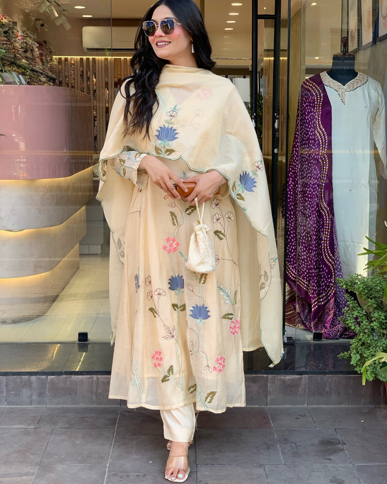 White Women's Cotton Fabric Straight Kurta, Pant and Dupatta Set