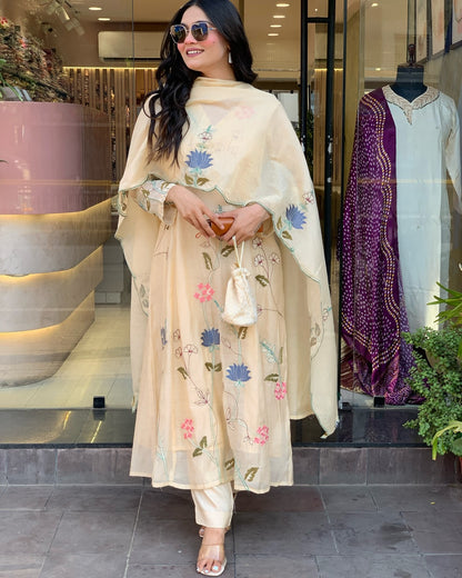 White Women's Cotton Fabric Straight Kurta, Pant and Dupatta Set