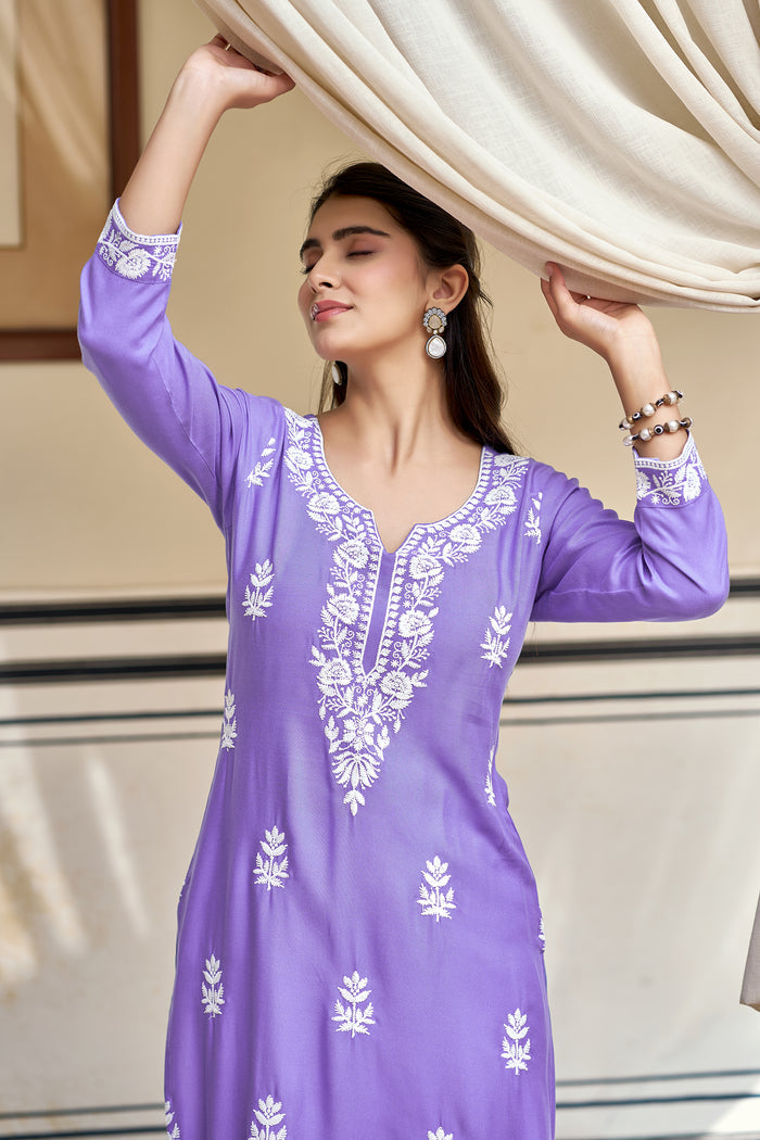 Women's Gorgeous Chikankari work Pure Rayon Fabric Straight Kurta, Pant Set