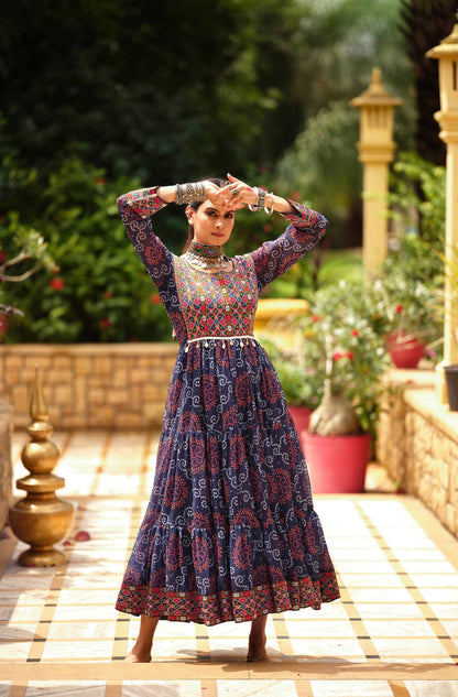 Women Gorgeous Bandhani Printed Faux Georgette Fabric with Flared Gown